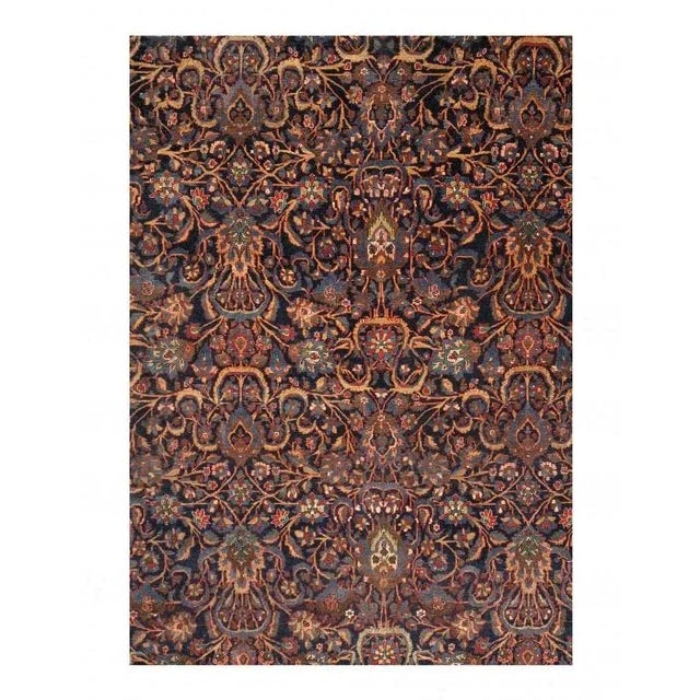 A Beautiful Rich navy bluew Color Background Room Size Antique Persian Kashan Rug, Country of Origin / Rug Type: Antique...