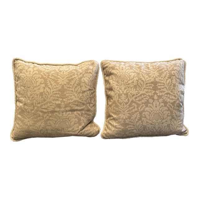 Beige and Ivory Linen and Cotton Damask Pillows- a Pair For Sale