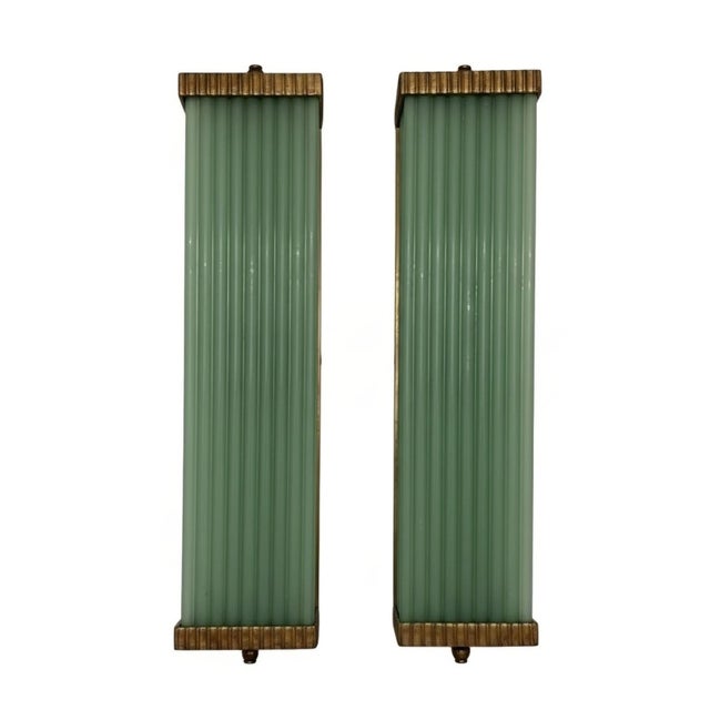 Vintage Art Deco Light Old Lamp Wall Sconces Fixture Brass & Opaline Green Glass Rod Ship Light - Pair For Sale - Image 4 of 4