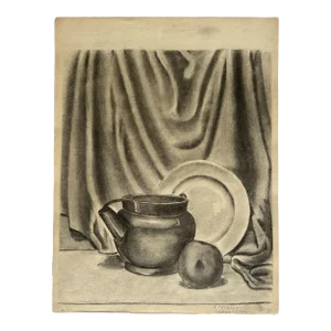 Vintage Realist Still Life With Plate and Kettle by Anthony Ferrara, Signed (1946, Charcoal on Paper)