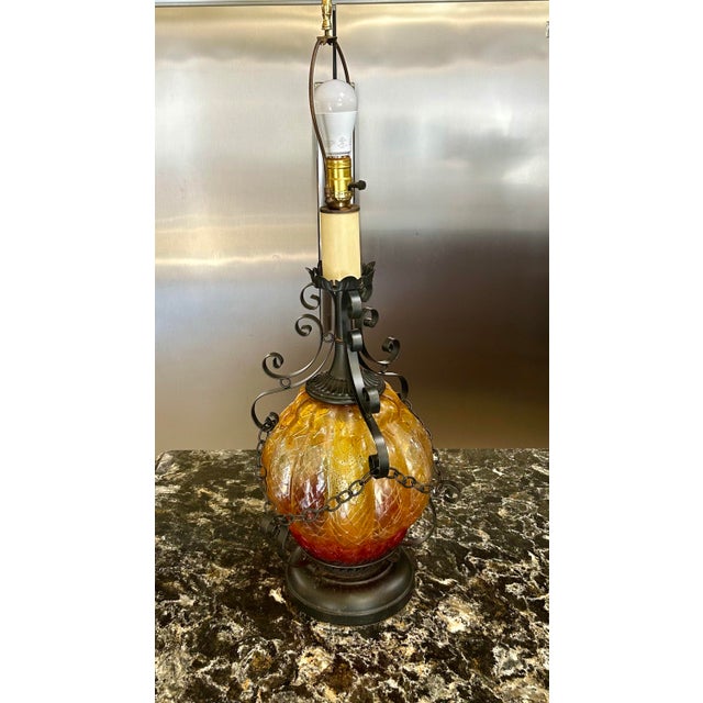 Metal Mid 20th Century Spanish Revival Table Lamp, With 3-Way Lighting, Amberina Glass and Wrought Iron Detailing, Gothic, Circa 1950’s For Sale - Image 7 of 9