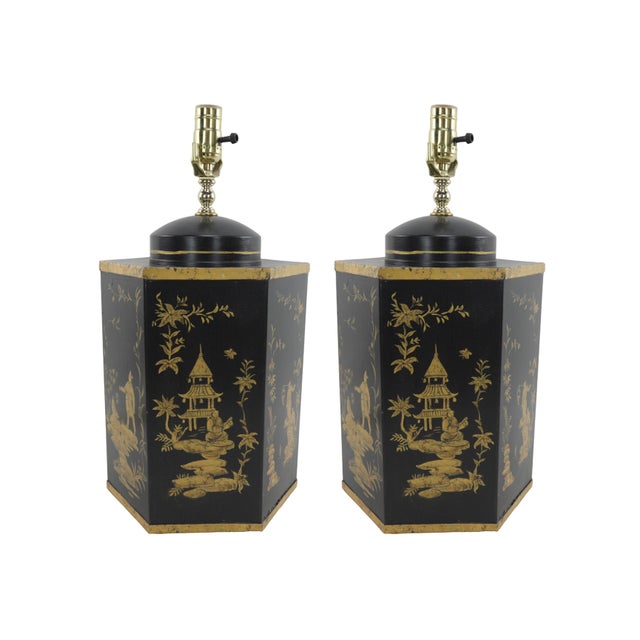 Pair of Black Vintage Export British Tea Cans Hand Painted Chinoiserie Hexagonal Table Lamps For Sale - Image 10 of 10