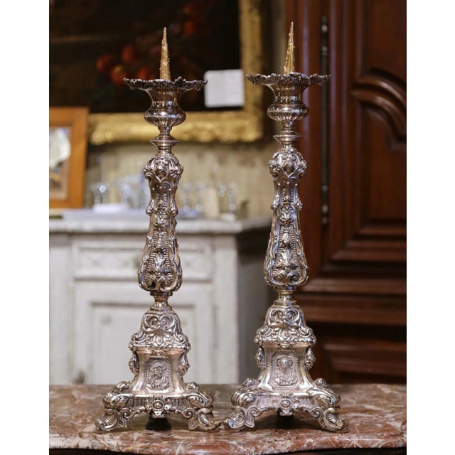 Metal Pair 19th Century French Louis XV Silvered Church Candlesticks With Wax Candles For Sale - Image 7 of 13