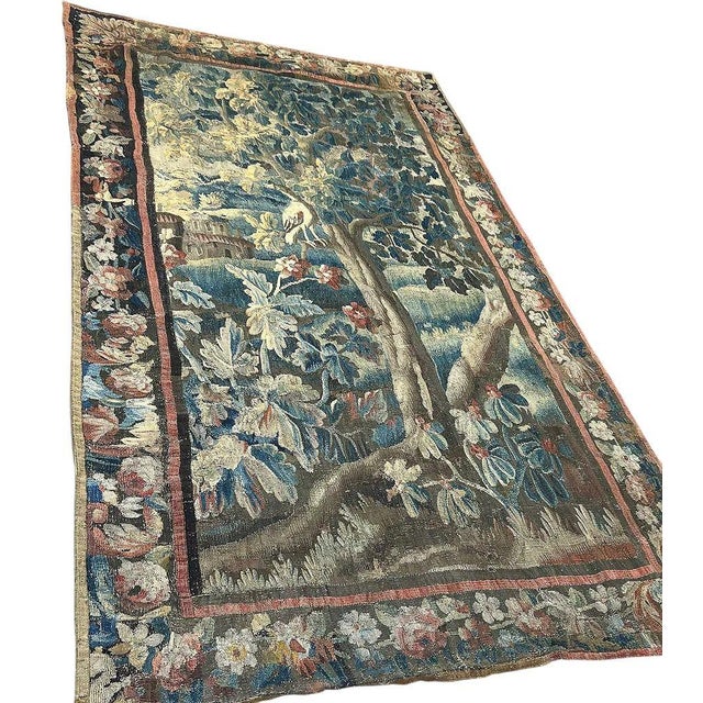 18th Century 18th Century Franco-Flemish Verdure Tapestry With Bird in Flowering Landscape For Sale - Image 5 of 11