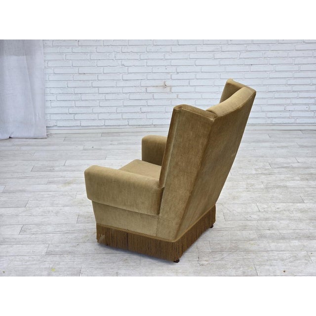 Vintage Danish Highback Chair in Yellow Furniture Velour, 1970s For Sale - Image 13 of 18