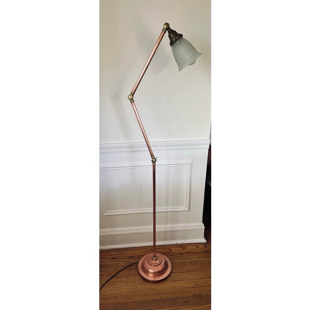 Very rare hard to find copper floor lamp with brass fittings and glass shade. 1940's. Tallest straight up is 61", 11" wide...