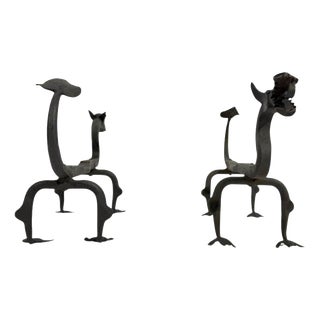 Mod Dragon Andirons in Wrought Iron, 1940s, Set of 2 For Sale