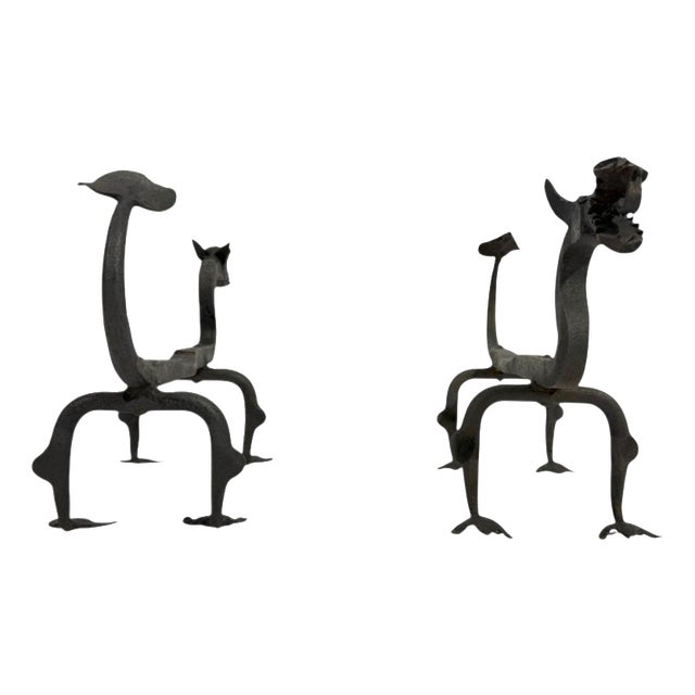 Mod Dragon Andirons in Wrought Iron, 1940s, Set of 2 For Sale