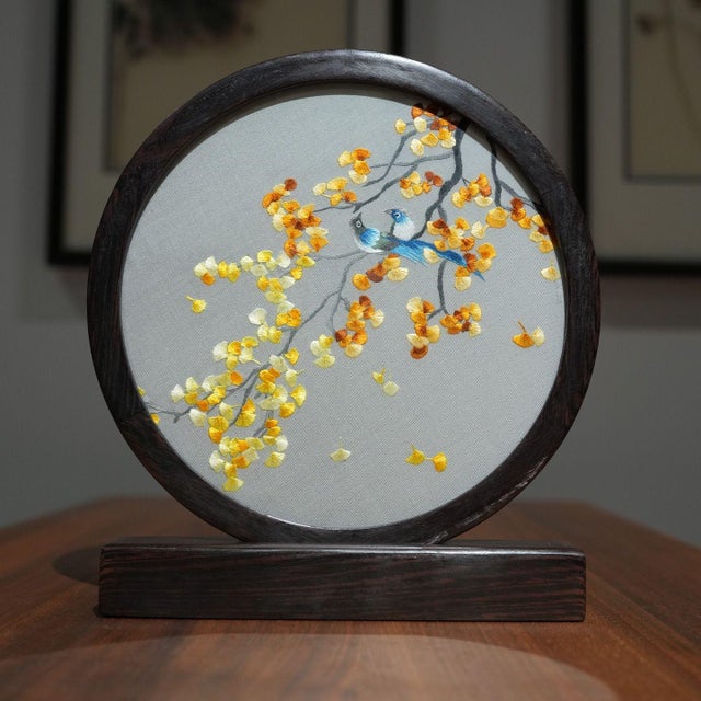 2020s Double-Sided Suzhou Embroidery “Autumn Bird & Flower” Artwork – Handcrafted Silk Feng Shui Decor For Sale - Image 5 of 6