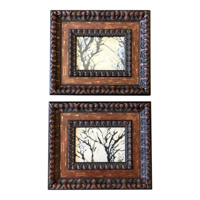 1970’s 2 Original Original Abstract Watercolor Paintings of Trees Ornate Frames-A Pair For Sale