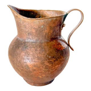 Antique Hammered French Copper Pitcher With Rolled Lip and Etched Flowers For Sale