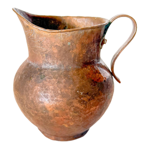 Antique Hammered French Copper Pitcher With Rolled Lip and Etched Flowers