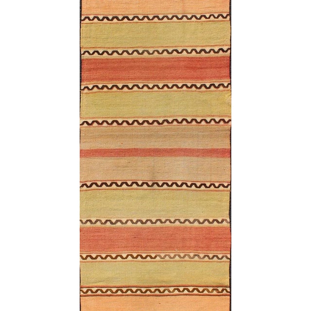 Vintage Turkish Hand Woven Kilim Runner With Stripes in Red, Green, Yellow, and Orange For Sale - Image 4 of 11