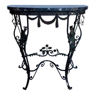 Floral Draped French Wrought Iron Demilune Console Table With Marble Top For Sale
