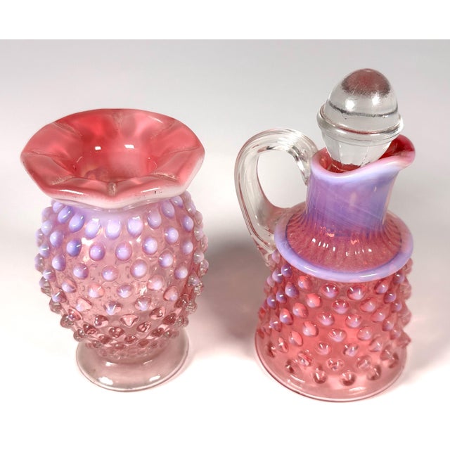 American Mid 20th Century Fenton Cranberry Opalescent Hobnail Cruet & Bud Vase Set For Sale - Image 3 of 9