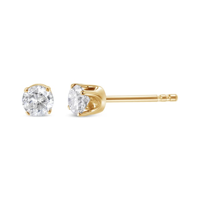 Contemporary AGS Certified 14k Yellow Gold 3/8 cttw 4-Prong Set Brilliant Round-Cut Solitaire Diamond Push Back Stud Earrings, A Pair For Sale - Image 3 of 6