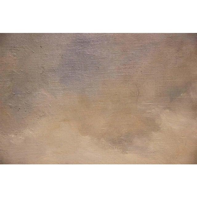 Pastel blue and green toned oil painting depicting serene town landscape with Victorian church towering over green fields...