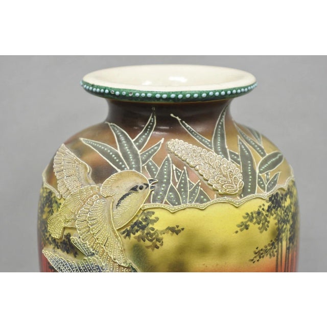 Chinoiserie Antique Japanese Heavy Moriage Hand Painted Porcelain Oriental Bird Satsuma Vase For Sale - Image 3 of 16