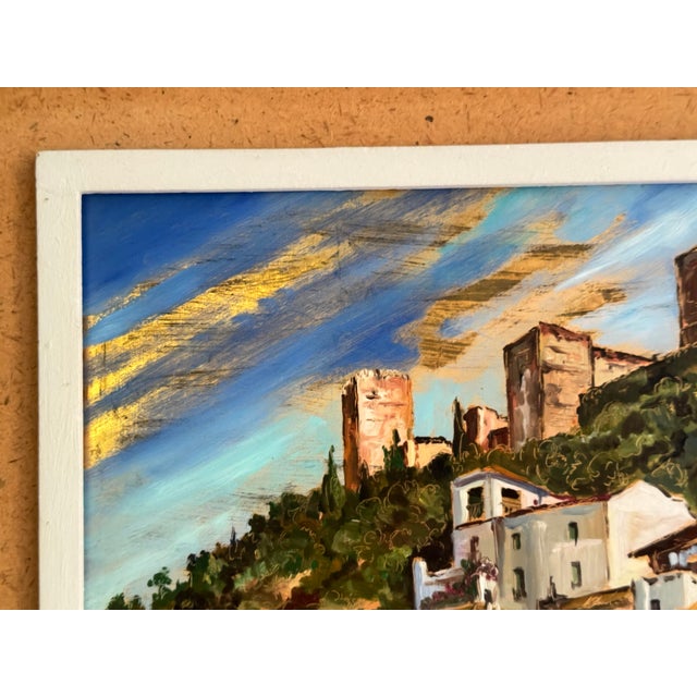 Mid 20th Century Vintage Spanish Hillside Village Oil Painting by M. Castro, Signed For Sale - Image 5 of 11