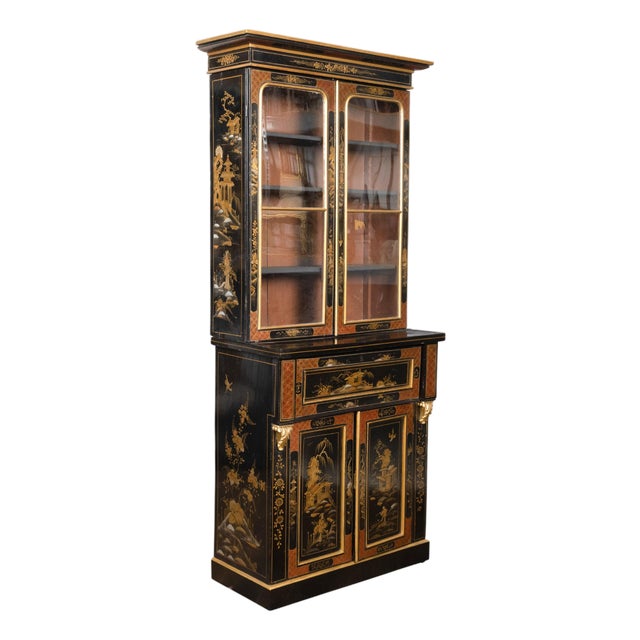 English 19th Century Black and Gold Secretary Bookcase with Chinoiserie Décor For Sale