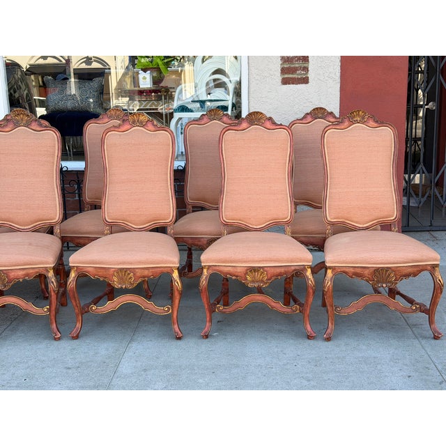 Burnt Orange Set of 10 Dennis and Leen Rococo Style Painted Giltwood Dining Chairs For Sale - Image 8 of 9