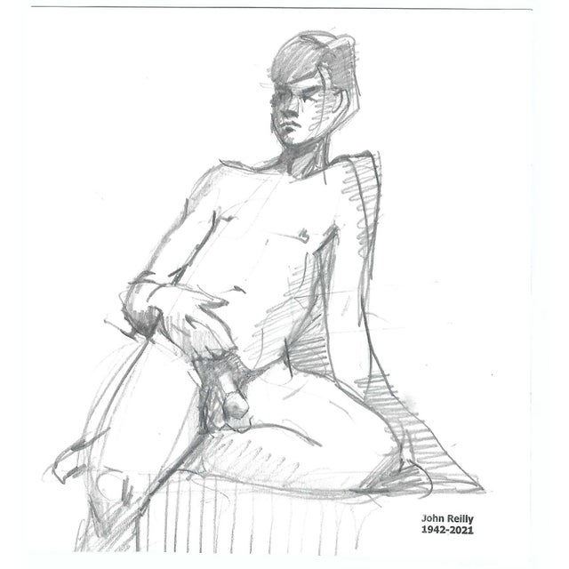1980s male nude drawing by Pennsylvania artist John Reilly (1942-2021). Double sided with a portrait of a lady. Estate...