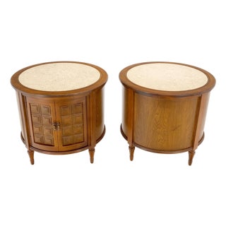 Pair Round Drum Barrel Shape Travertine Top Two Doors End Side Tables Stand Mint For Sale