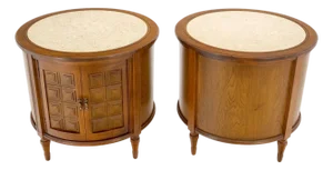 Pair Round Drum Barrel Shape Travertine Top Two Doors End Side Tables Stand Mint