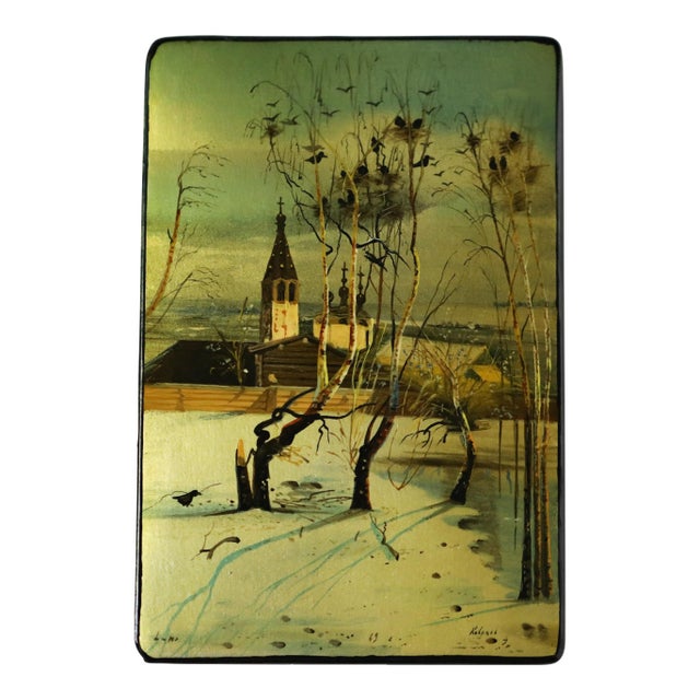 Fedoskino Lacquer Box With Original Box, After Savrasov’s “Грачи Прилетели,” Ussr, C. 1960s–1980s For Sale