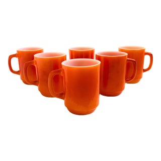 Mid Century Orange Milk Glass Mugs by Anchor Hocking - Set of 6 For Sale