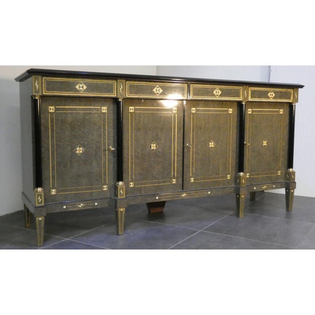 Louis XVI Style Hollywood Regency Sideboard in Burl Wood, Grey Lacquer and Brass, France, 1980s For Sale - Image 9 of 18