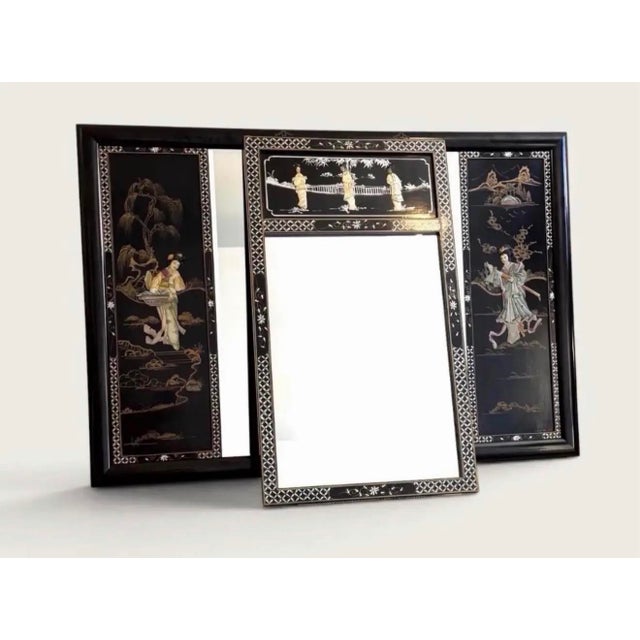 Vintage Chinoiserie Black Lacquer Figural Mirrors, 2-Piece Set For Sale In Los Angeles - Image 6 of 6