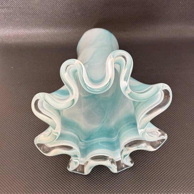 Mid-Century Modern Vintage Murano Style Ruffle Rim Light Aqua & White Swirl Glass Handkerchief Vase For Sale - Image 3 of 7