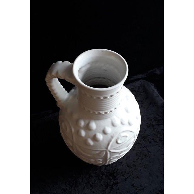 Vintage German Vase with Handle with Floral Relief Decor in White from Bay-Keramik, 1970s For Sale - Image 4 of 7