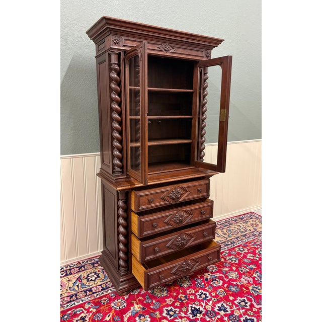 Antique French Bookcase & Chest of Drawers Display Cabinet Barley Twist Oak For Sale - Image 12 of 13