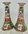 Pair of antique trumpet form porcelain Rose MedAllion hand painted candlesticks.