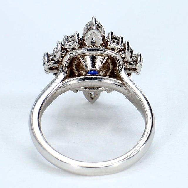 Contemporary 14k White Gold Blue Sapphire & Mixed-Shape Diamond Halo Ring - Size 6.5 For Sale - Image 3 of 5