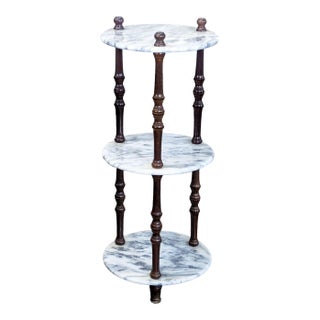 Vintage Powell Three Tier Carrera Marble and Wood Plant Stand For Sale