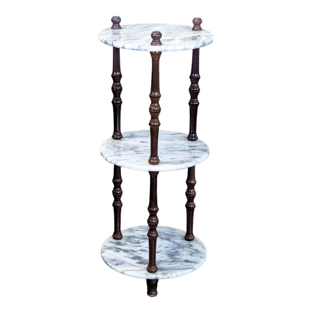Vintage Powell Three Tier Carrera Marble and Wood Plant Stand For Sale