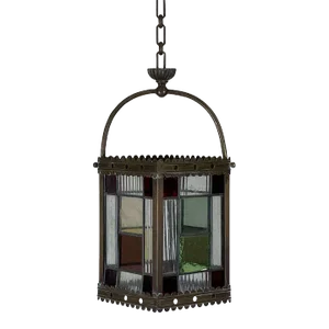 19th Century Patinated Brass and Stained Glass Victorian Hall Lantern