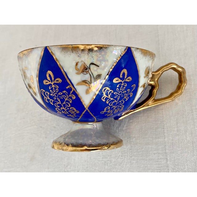 Mid 20th Century Vintage Ucagco Ceramics Japan Porcelain Teacup and Saucer Set Cobalt Blue Pink Rose Lusterware Pierced Scalloped Rim Mid-Century Excellent Condition For Sale - Image 5 of 13