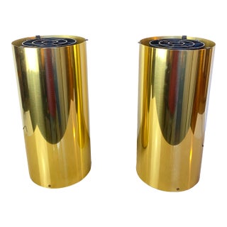 Pair of Vintage Brass Cylinder Table Lamps in the Style of Robert Sonneman, 1970s Modernist Uplights For Sale