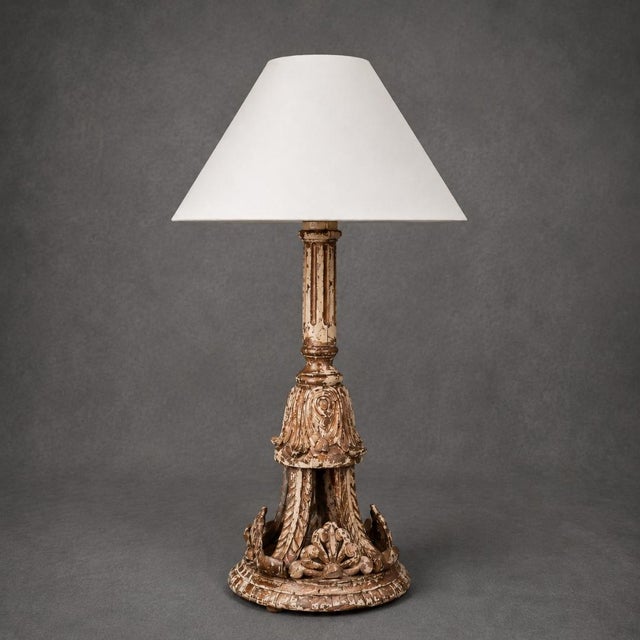 This 20th Century French Carved Wooden Table Lamp embodies timeless European elegance with its richly detailed carved wood...