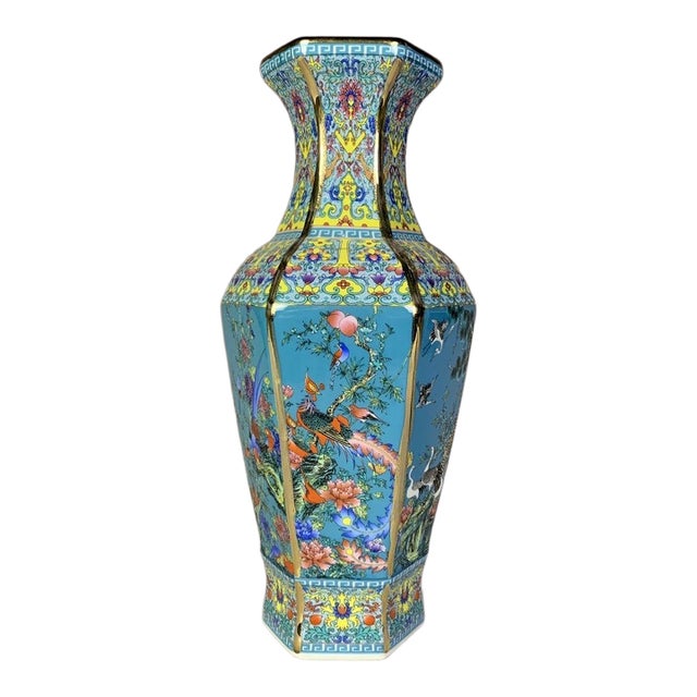 Mid 20th Century Striking Turquoise-Ground Famille Rose Hexagonal Porcelain Vase With Bird & Floral Motifs For Sale