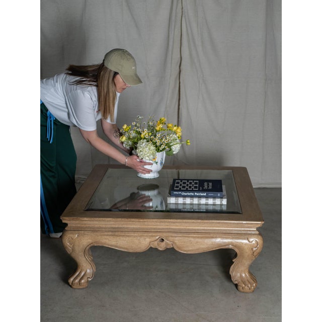 Wood Vintage Marge Carson Carved Wood Glass Top Coffee Table For Sale - Image 7 of 8
