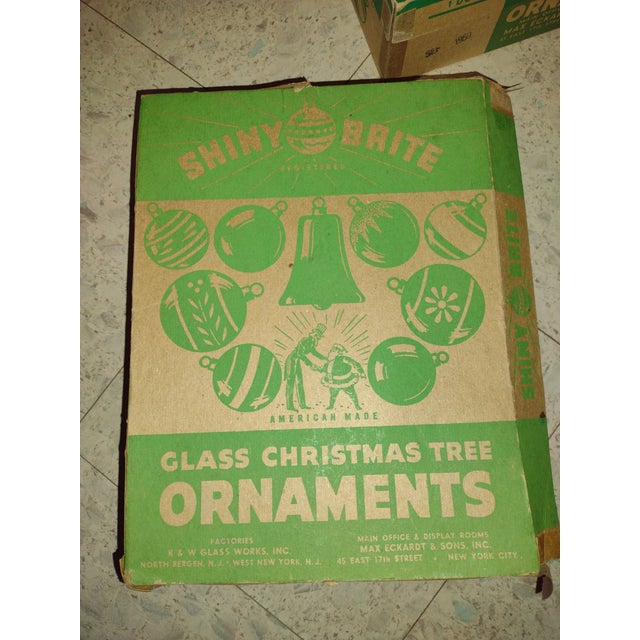 Shiny Brite Box with 7 vintage Shiny Brite glass Christmas tree ornaments and other ornaments in red, gold, pink, green,...