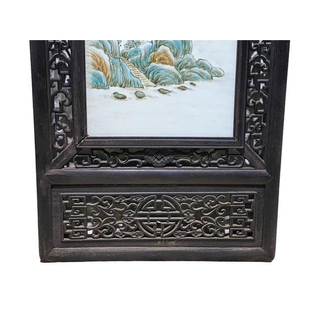 Black Chinoiserie Hand Painted Famille Rose Porcelain Panel 67.25" H For Sale - Image 8 of 11