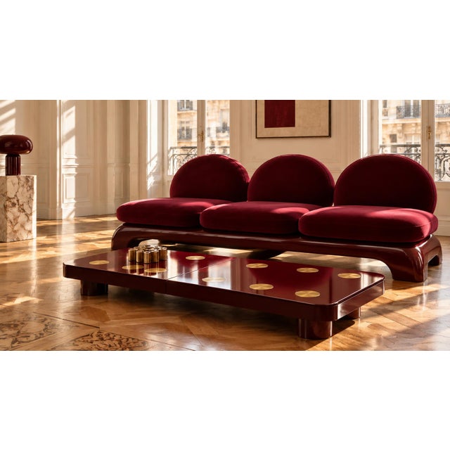Maroon Eclipse Sofa in Bordeaux Lacquer and Velvet by Alexandre Ligios For Sale - Image 8 of 9