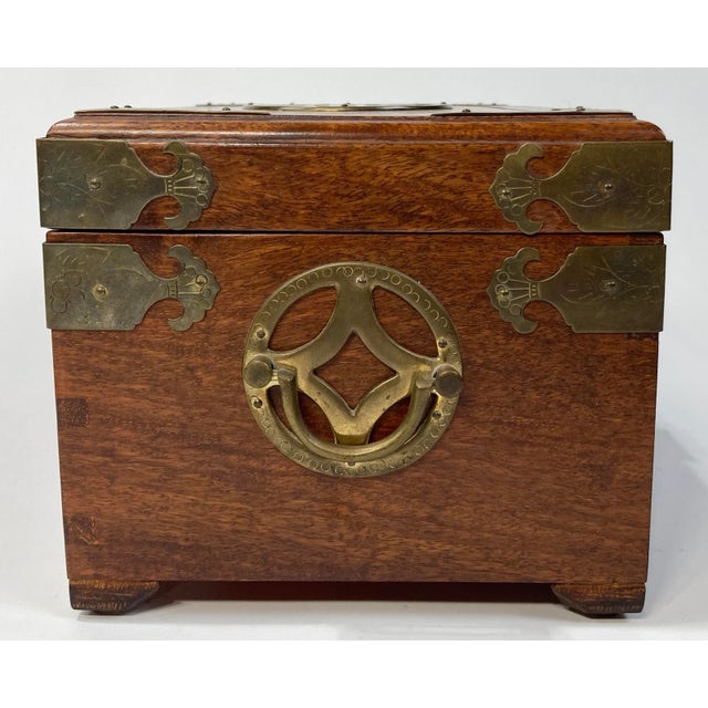 Mid 20th Century Vintage Asian Wood and Brass Jewelry Box With Traditional Bar Lock For Sale - Image 5 of 11