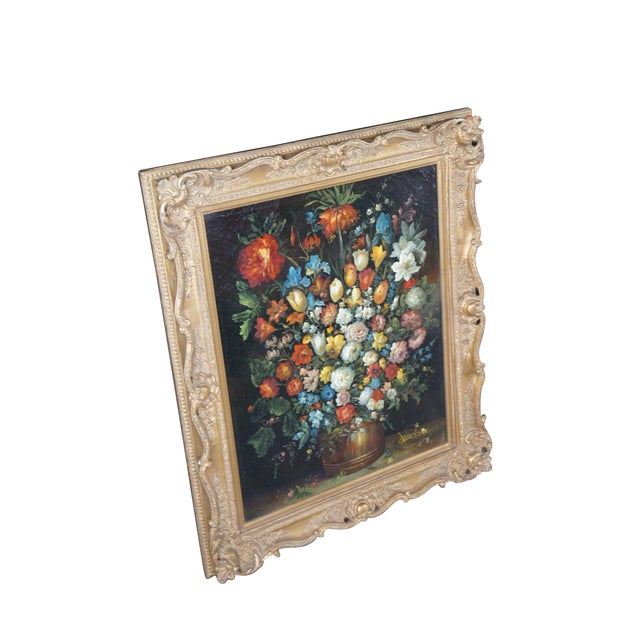 Realism Vintage Flemish Style Floral Still Life After Pieter Bruegel Signed Oil Painting For Sale - Image 3 of 16